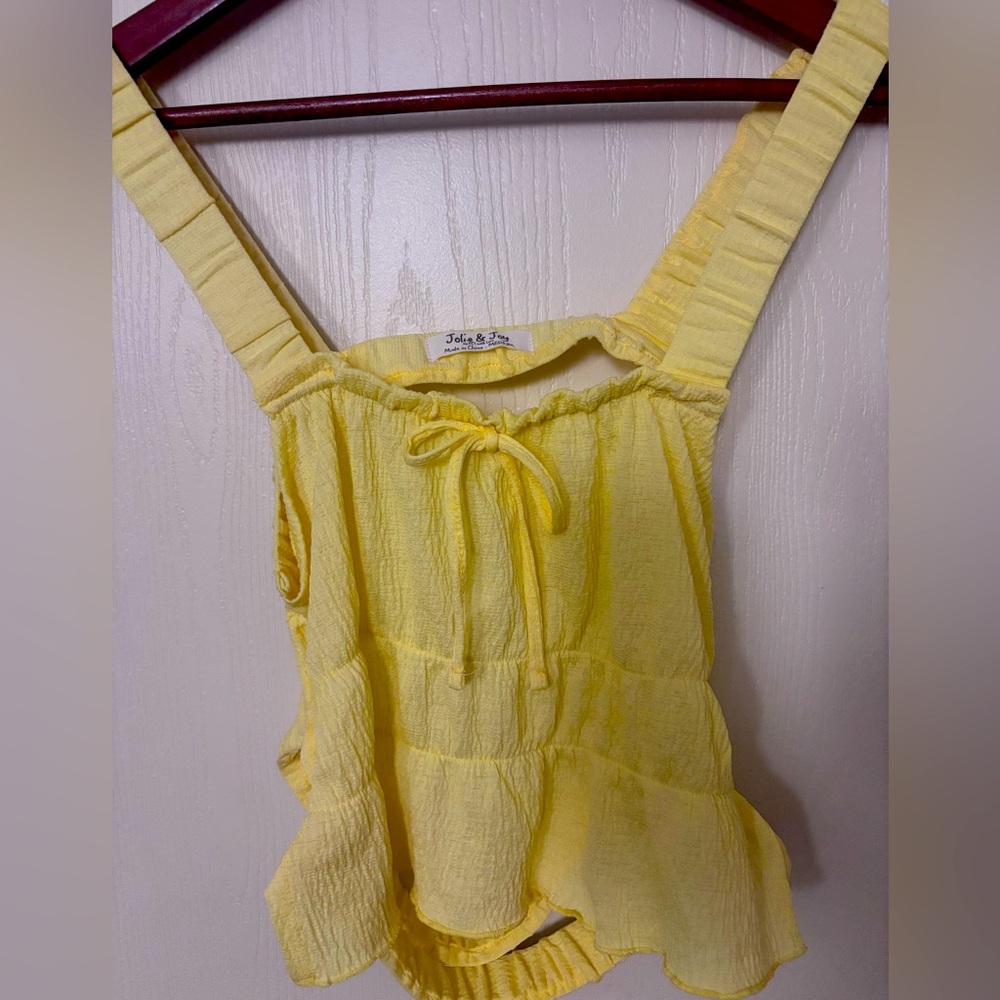 Yellow Smocked Ruffled Tank Top with Tie Front